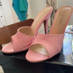 FAUX LEATHER PINUP STILETTO MULE IN BABY PINK